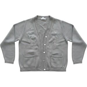 TC Fashion Gray Floral Embroidered Cardigan Sweater Vintage 90s Grandmacore L